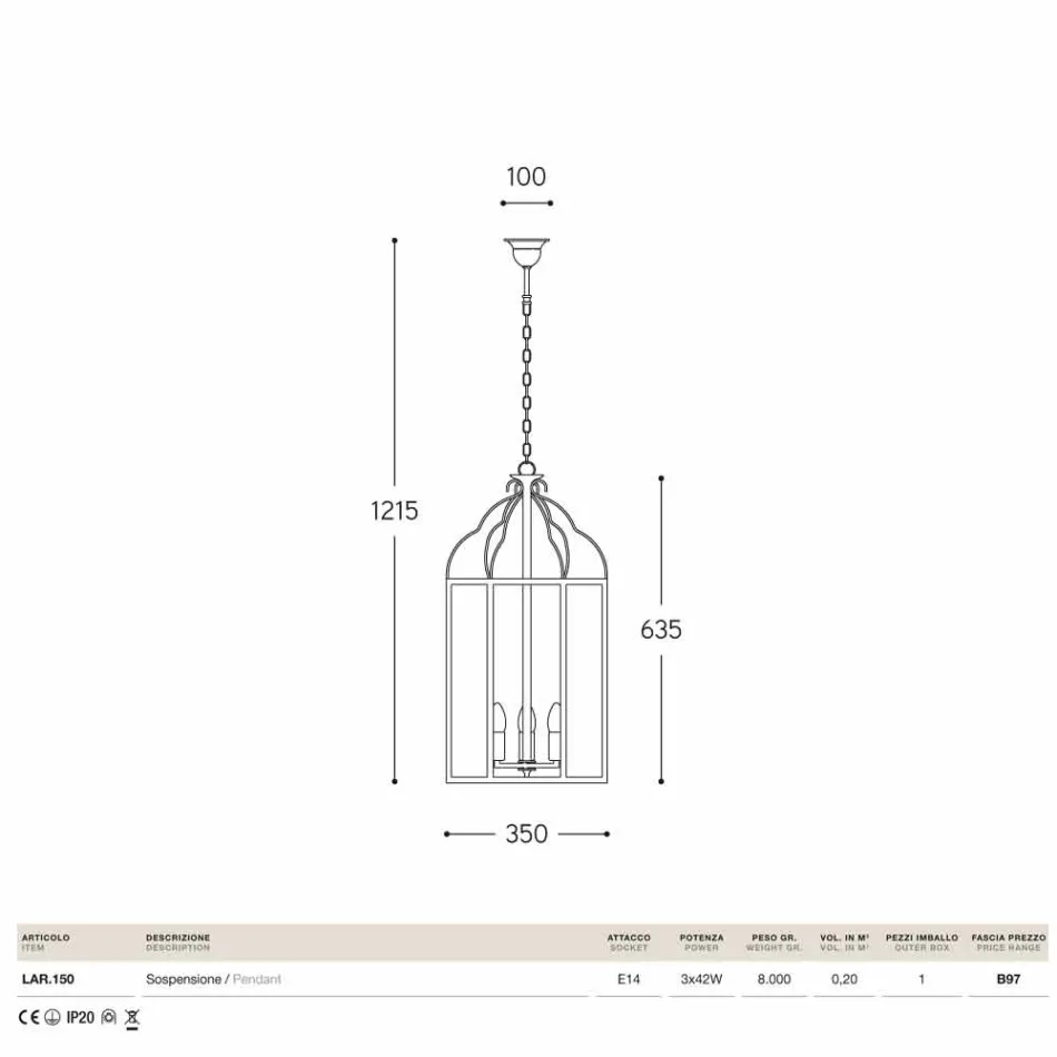Pendelleuchte mit 3 Leuchten aus Messing und Glas Turandot Viadurini