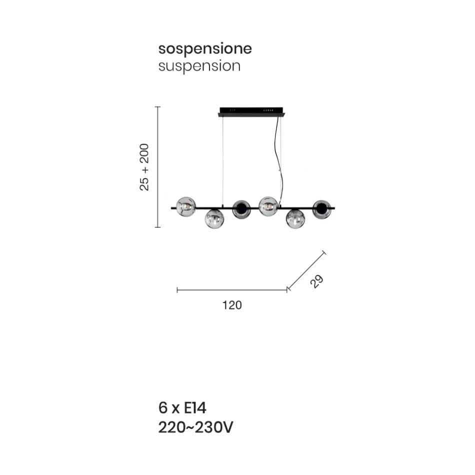 Pendelleuchte mit 6 Lichtern aus Metall und modernem mundgeblasenem Glas - Birga Viadurini
