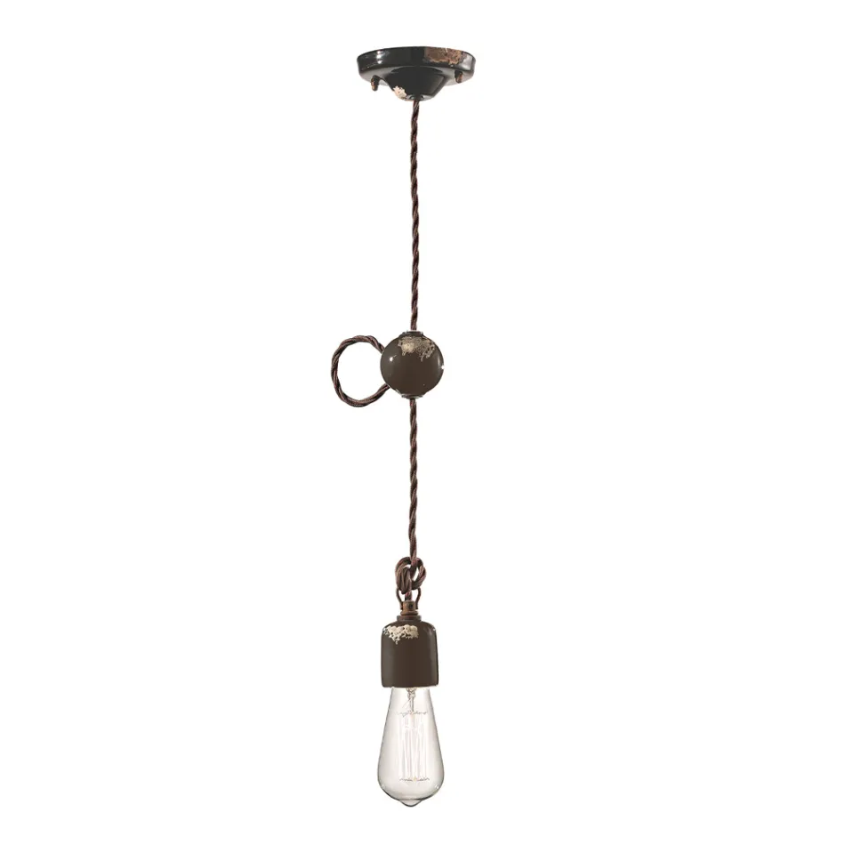 Industrielle handwerkliche Pendelleuchte aus Eisen und Keramik - Vintage Viadurini