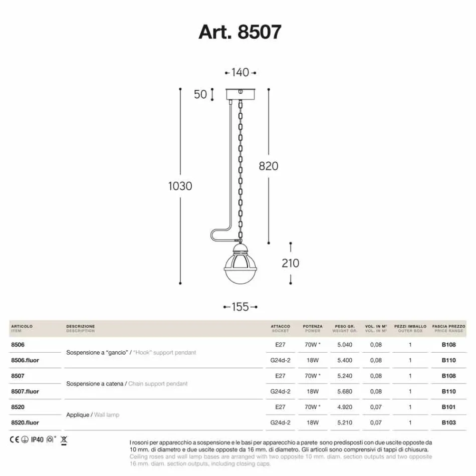 Pendelleuchte Abdichtung Messing und weißem Glas Viadurini