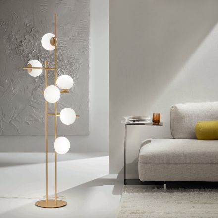 Stehlampe mit LED aus goldlackiertem Metall und mundgeblasenem Glas - Ailanto Viadurini