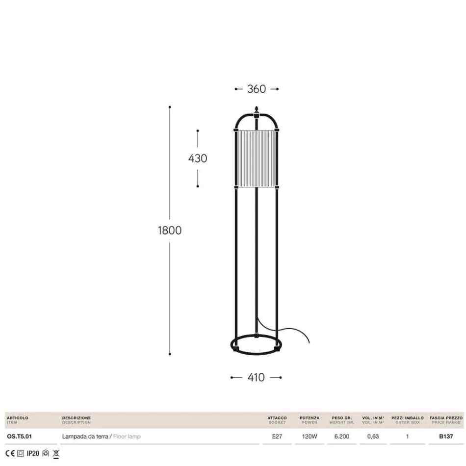 Stehlampe aus Messing und Gewebe Hua Hika Viadurini