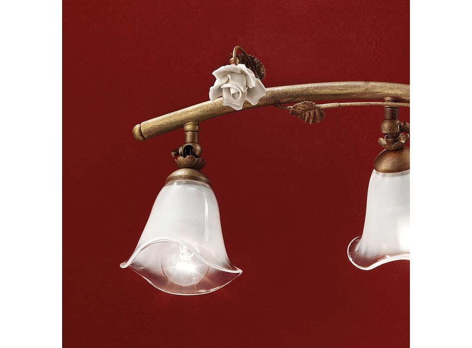 Lineare Pendelleuchte 4 Lichter aus Eisen, Glas und Keramikrosen - Siena Viadurini
