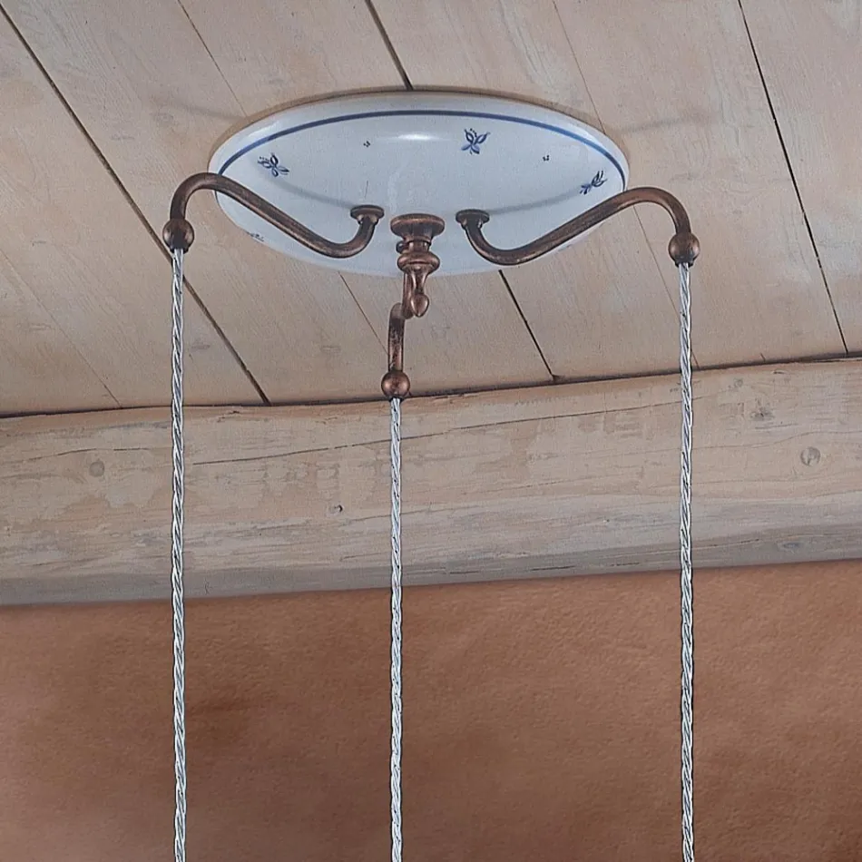 Runde Hängelampe aus Eisen, Glas, handbemalter Keramik - Ferrara Viadurini