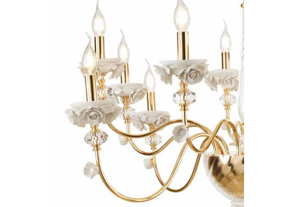 Klassischer Kronleuchter mit 18 Lichtern aus Porzellan und luxuriösem mundgeblasenem Glas - Eteria Viadurini