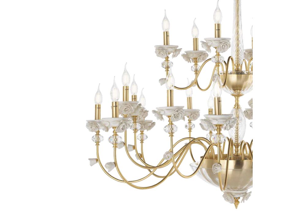 Klassischer Kronleuchter mit 24 Lichtern aus Porzellan und luxuriösem mundgeblasenem Glas - Eteria Viadurini