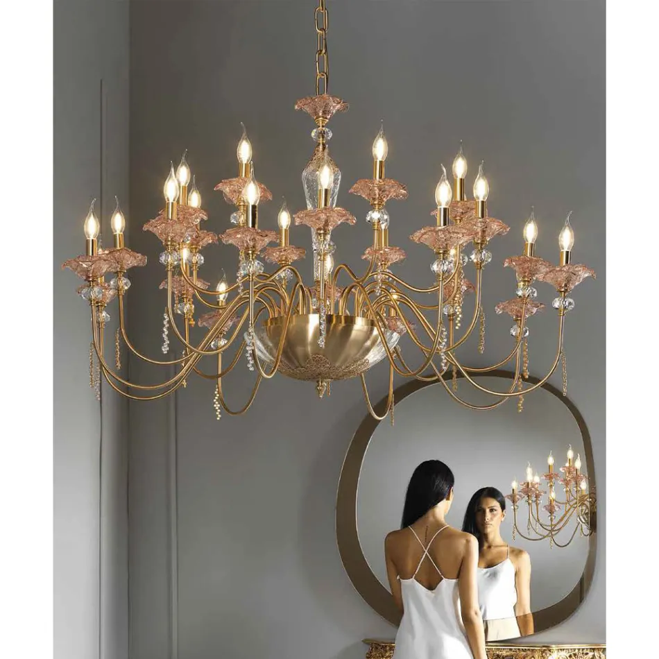 Klassischer Kronleuchter mit 24 Lichtern aus Glas, Kristall und Luxusmetall - Flandern Viadurini