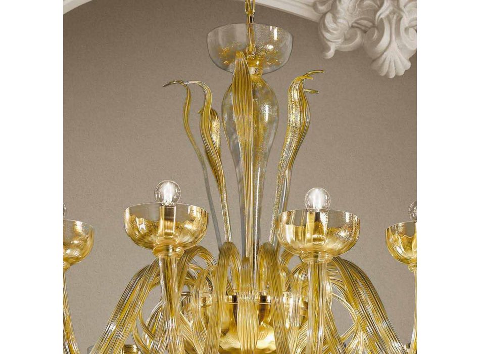 16-flammiger Kronleuchter aus venezianischem Glas und Gold, handgefertigt in Italien - Regina Viadurini