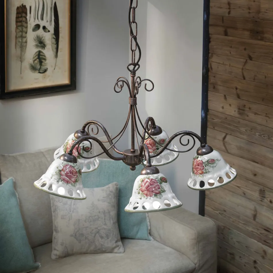 Handgefertigter 3- oder 5-flammiger Keramik-Kronleuchter mit Passanastri - Neapel Viadurini