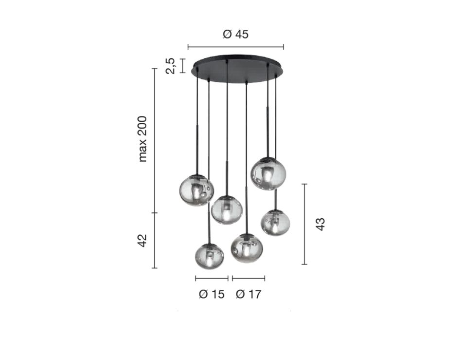 Kronleuchter mit 6 LEDs aus schwarz lackiertem Metall und geblasenem Glas – Ailanto Viadurini