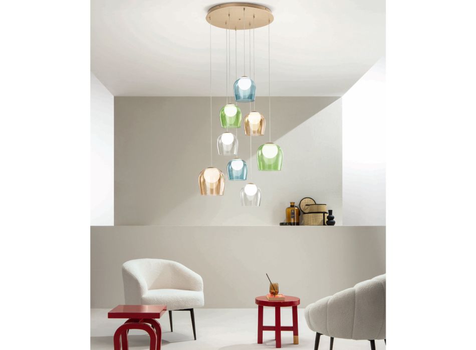 Kronleuchter mit 8 LEDs, optional mit farbigem Glas abgedeckt und Sockel aus Metall – Buche Viadurini