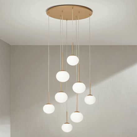 Kronleuchter mit 8 LEDs aus goldlackiertem Metall und mundgeblasenem Glas – Ailanto Viadurini