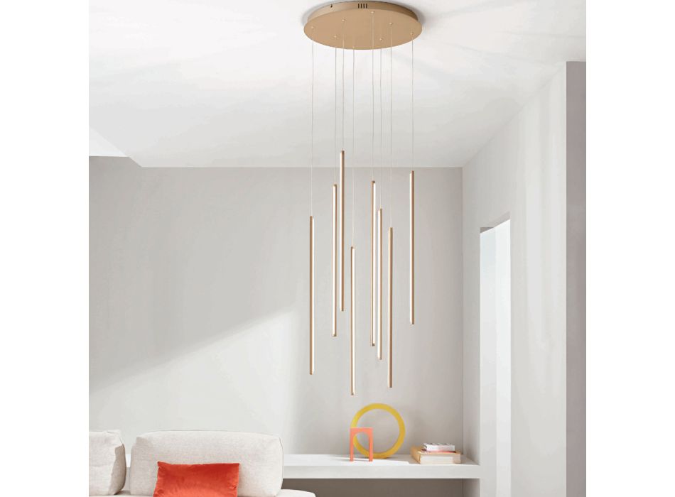 Kronleuchter mit 8 LED-Leuchten aus goldlackiertem Metall und verstellbaren Kabeln – Orange Viadurini