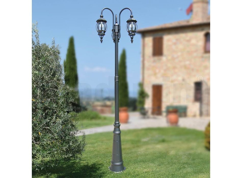 Laternenpfahl mit 3 Lichtern im Vintage-Stil aus anthrazitfarbenem Aluminium, hergestellt in Italien – Empire Viadurini