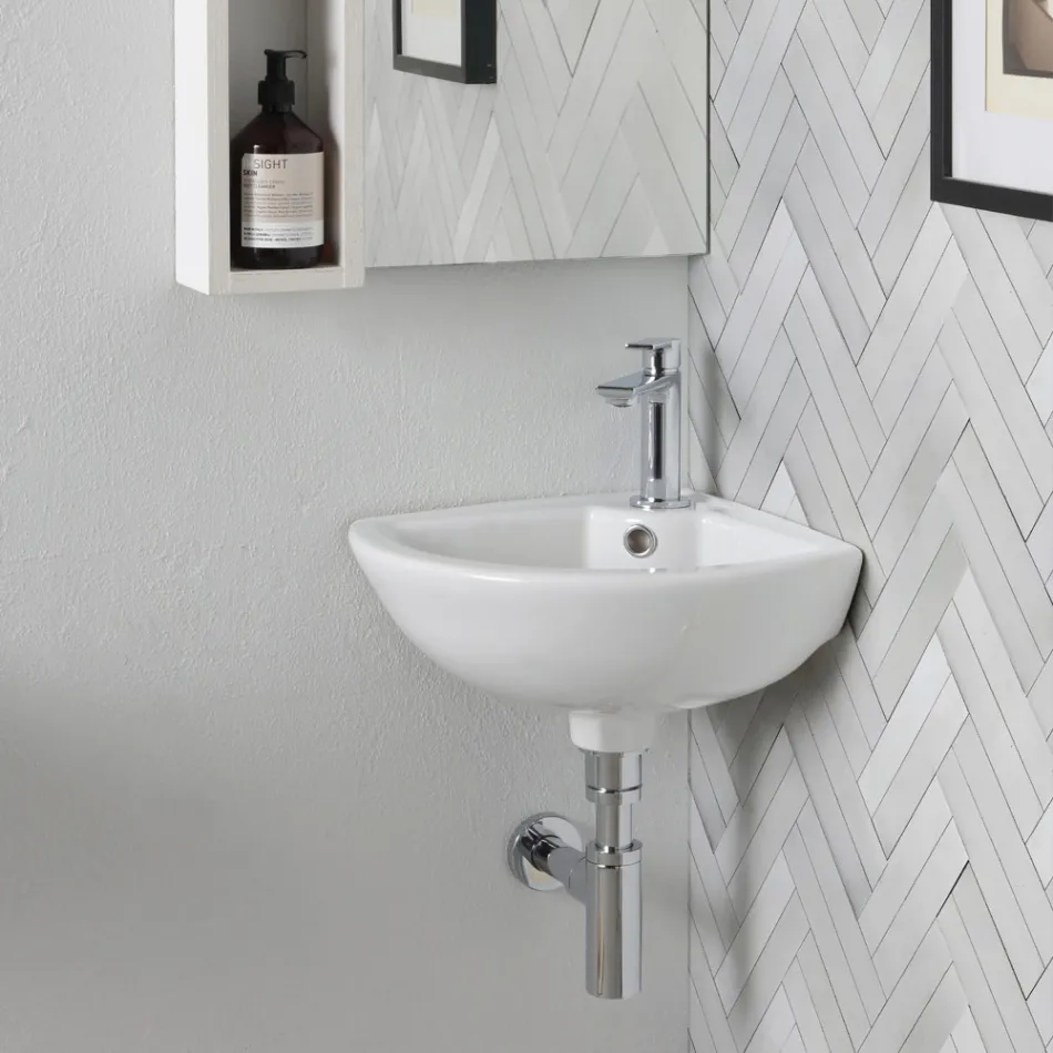 Eckwaschbecken aus weißer Keramik mit modernem und elegantem Design - Silica Viadurini