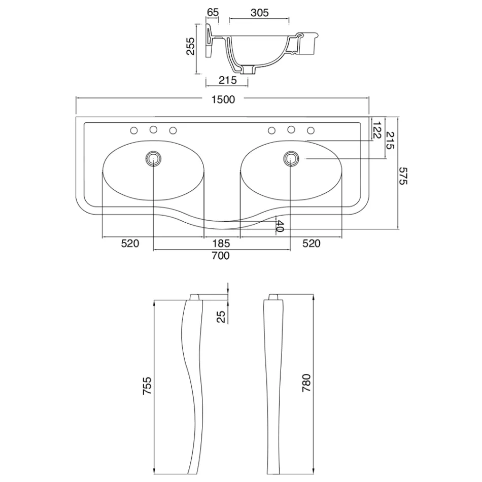 Vintage-Konsolenwaschbecken mit Doppelbecken und Keramikfüßen, hergestellt in Italien – Paulina Viadurini