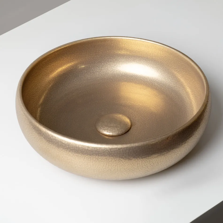 Handgedrehtes Raku-Ton-Waschbecken für die Arbeitsplatte aus Metall - Prisma Viadurini