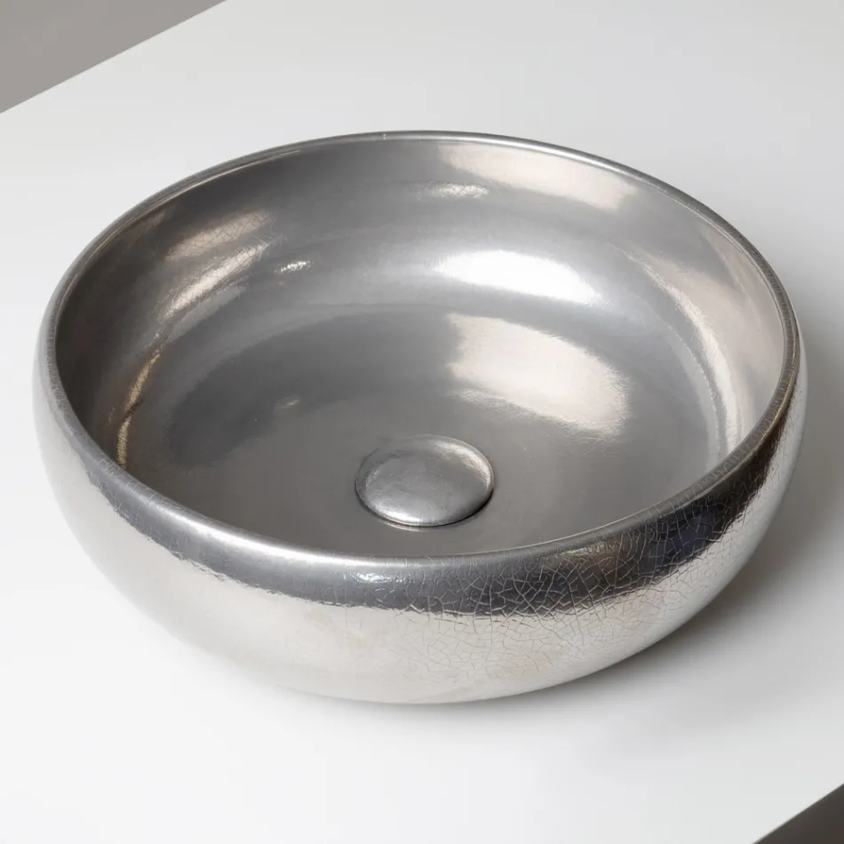 Handgedrehtes Raku-Ton-Waschbecken für die Arbeitsplatte aus Metall - Prisma Viadurini