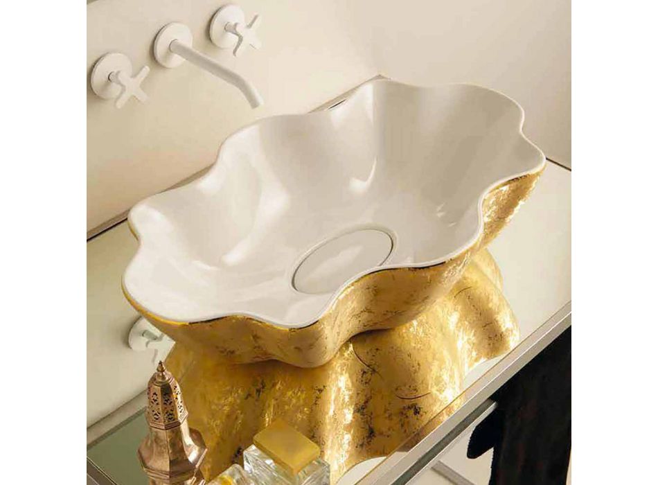 Arbeitsplatte Design Waschbecken in Weiß und Gold Keramik in Italien Cubo gemacht