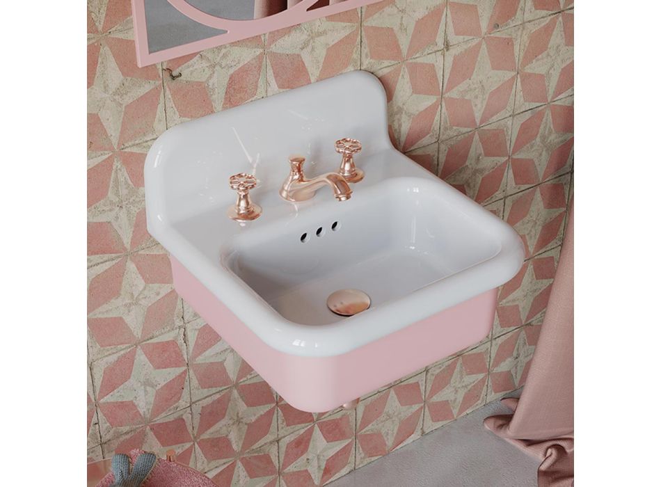 Hängendes Badezimmerwaschbecken aus weißer und bonbonrosa Keramik – Manila Viadurini