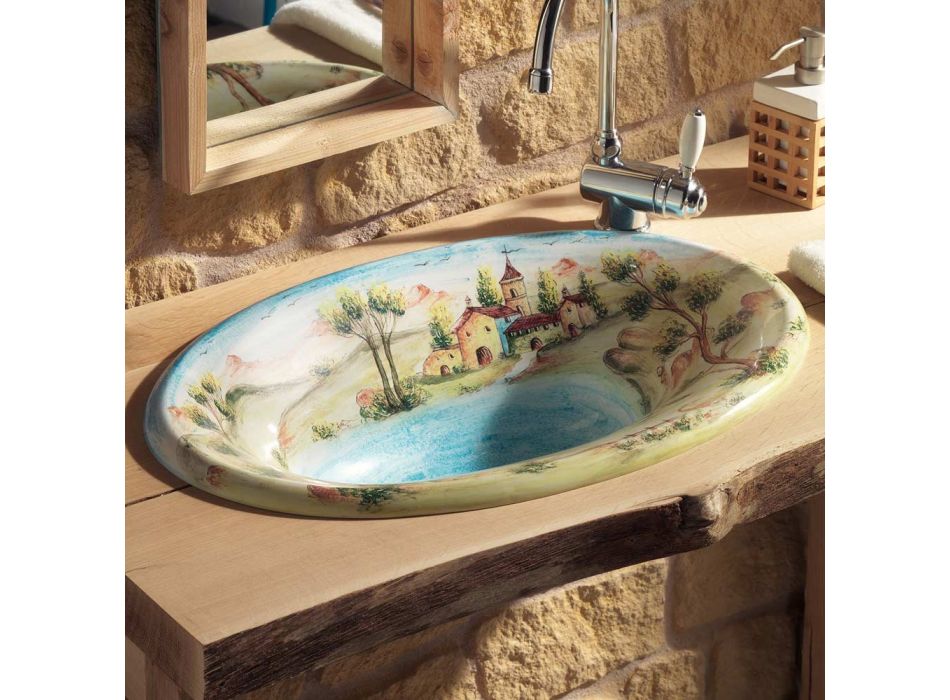 Halbeinbauwaschbecken aus Schamotteton mit Deruta-Landschaft, hergestellt in Italien – Principe Viadurini