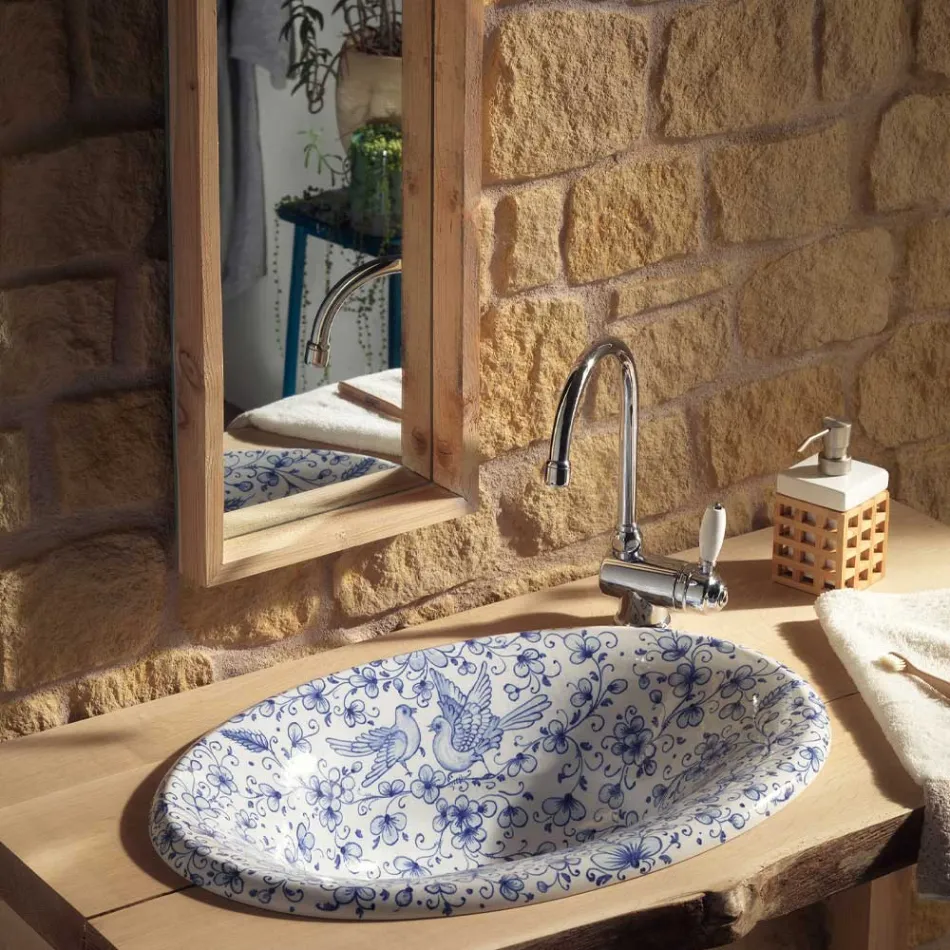 Halbeinbauwaschbecken aus handbemaltem Schamott, hergestellt in Italien – Principe Viadurini