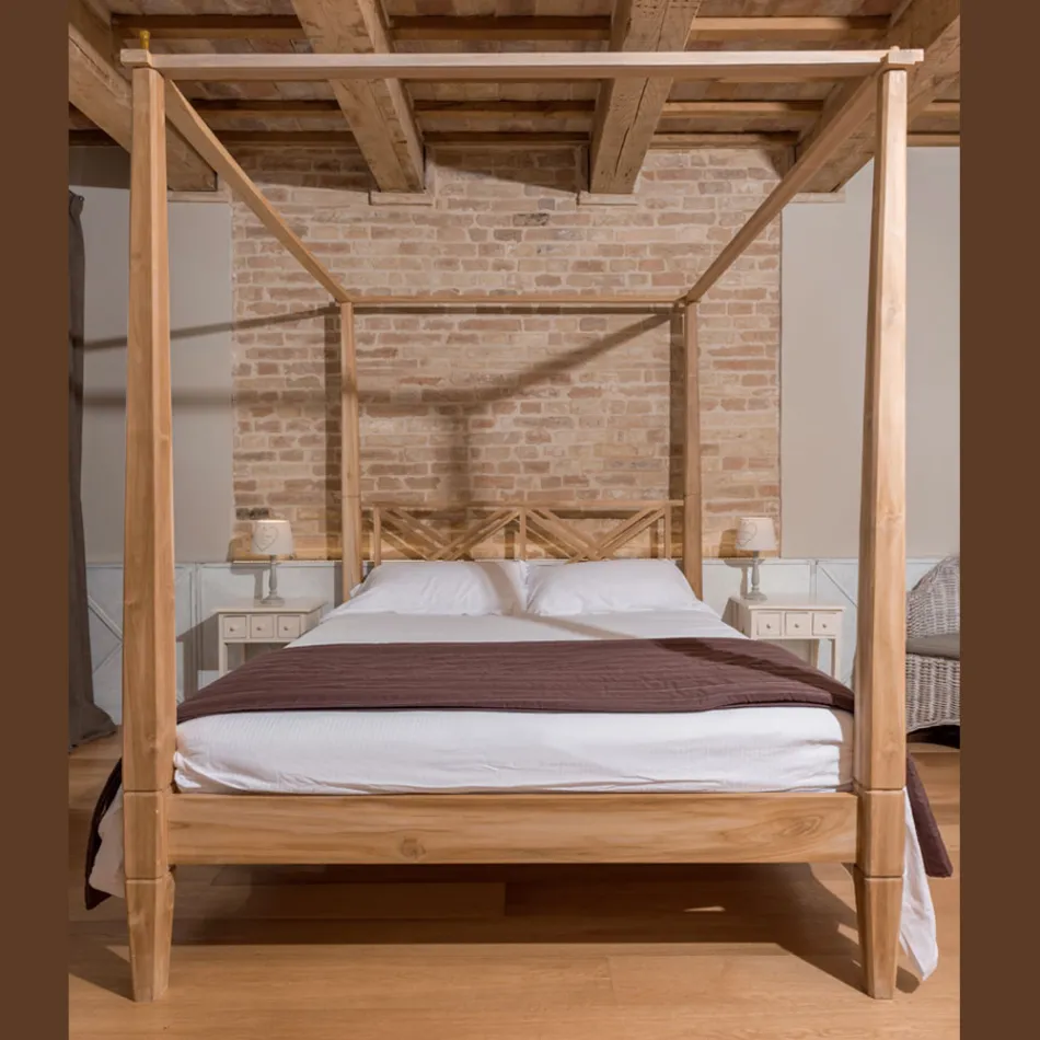 Doppelbett (180 x 200 cm) mit Himmelbett aus massivem Teakholz – Tempera Viadurini