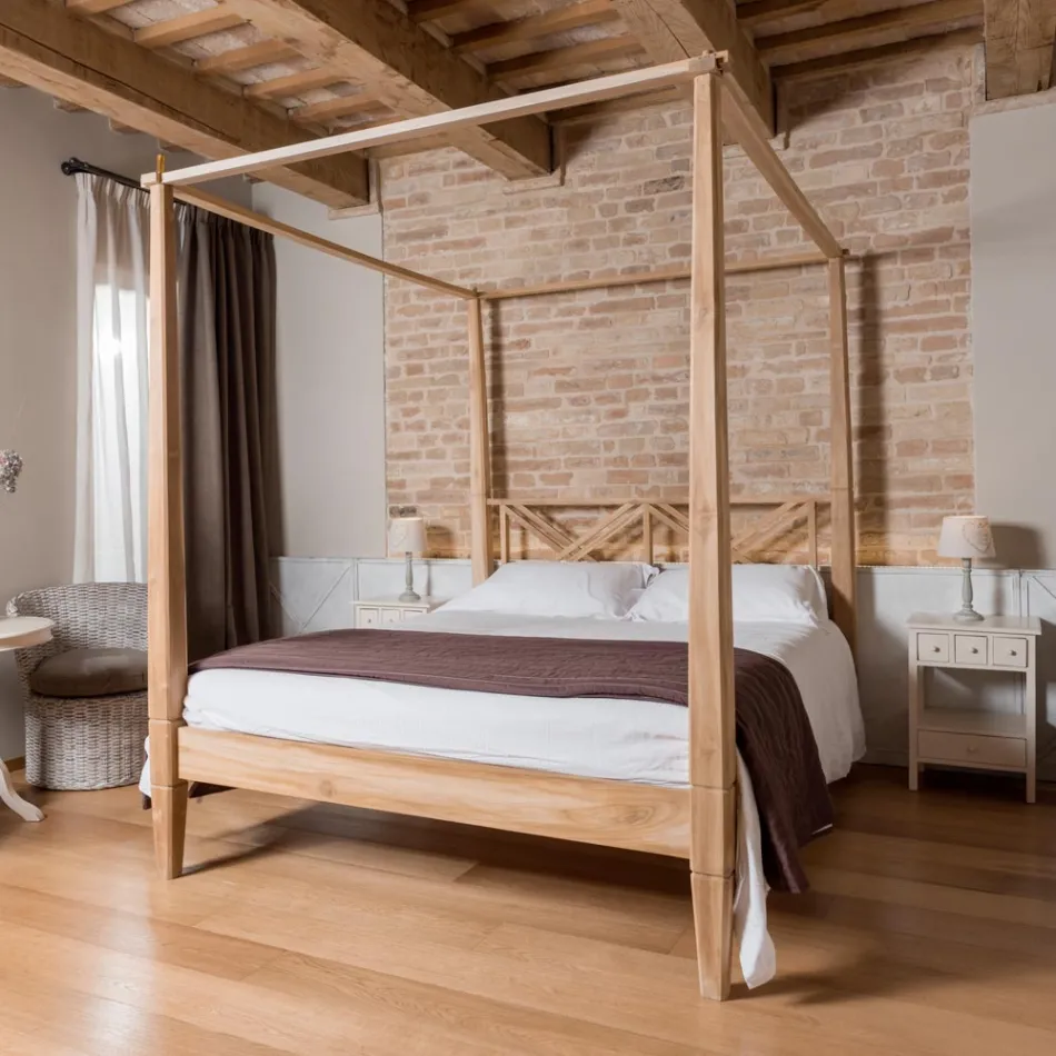 Doppelbett (180 x 200 cm) mit Himmelbett aus massivem Teakholz – Tempera Viadurini