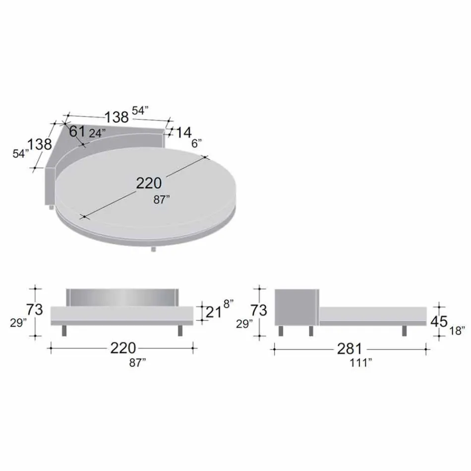 Modernes rundes Doppelbett mit eckigem Kopfteil Made in Italy - Tima Viadurini