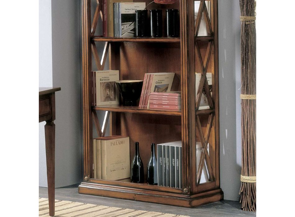 Hohes Bücherregal mit Holzstruktur und offenen Fächern, hergestellt in Italien – Fauno Viadurini