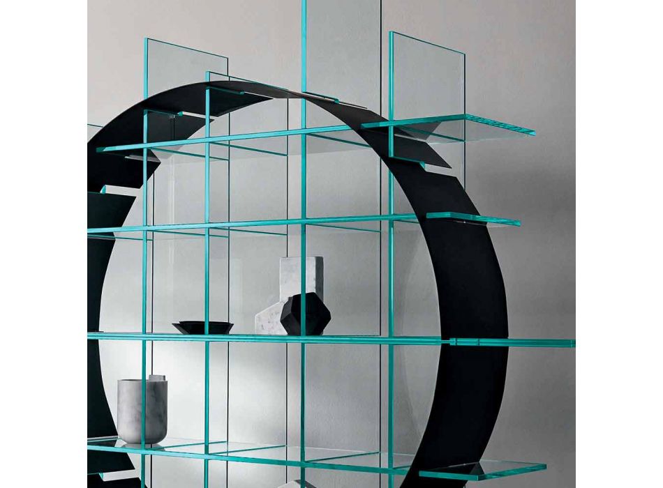 Freistehendes Circle Bücherregal aus extraklarem Glas und gebürstetem Schwarz - Marco Viadurini