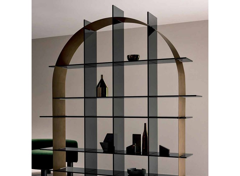 Freistehendes gewölbtes Bücherregal aus Rauchglas und gebürstetem Bronze-Design - Marco Viadurini