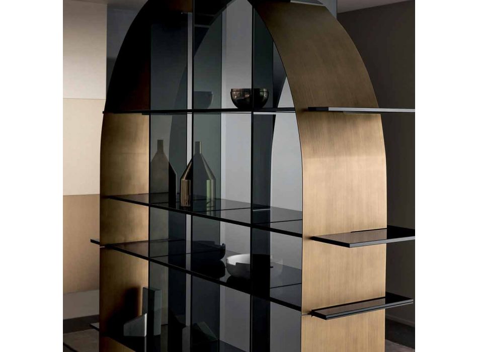 Freistehendes gewölbtes Bücherregal aus Rauchglas und gebürstetem Bronze-Design - Marco Viadurini
