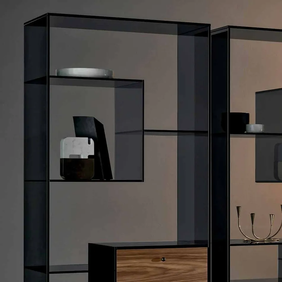 Bücherregal aus Rauchglas mit Schublade aus Nussbaumholz Canaletto Italian Design - Linzy Viadurini