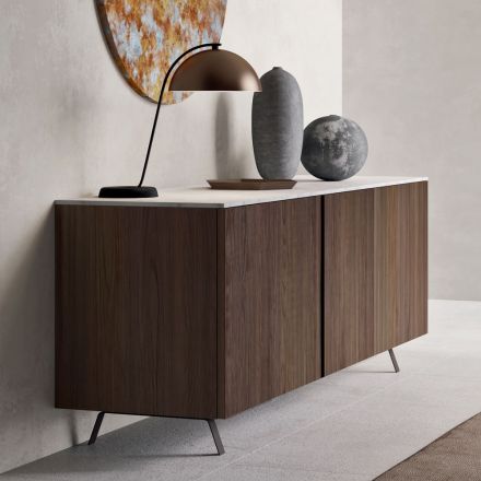 Sideboard mit 2 Türen für Wohnzimmer, aus ökologischem Holz und Metallplatte aus Marmor - Braun Viadurini