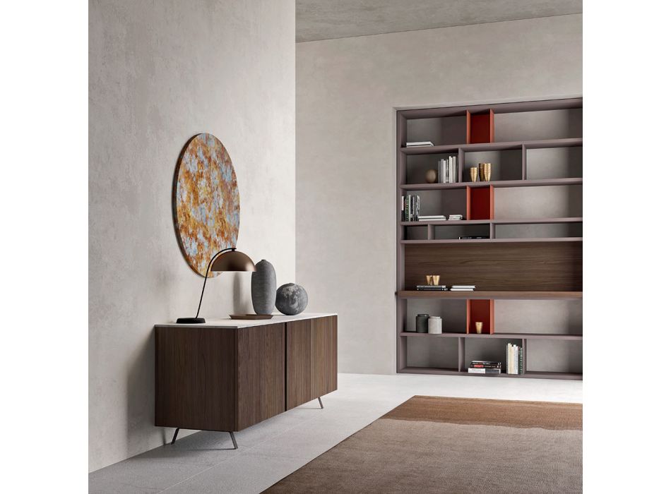 Sideboard mit 2 Türen für Wohnzimmer, aus ökologischem Holz und Metallplatte aus Marmor - Braun Viadurini
