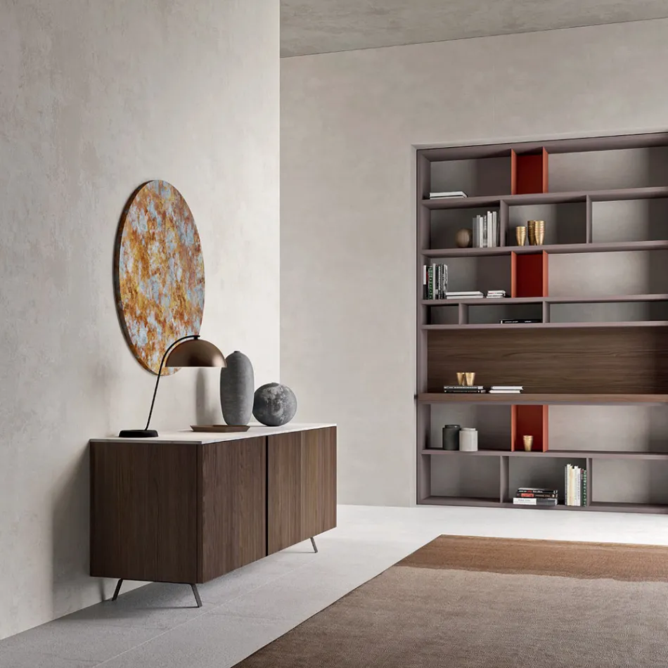 Sideboard mit 2 Türen für Wohnzimmer, aus ökologischem Holz und Metallplatte aus Marmor - Braun Viadurini