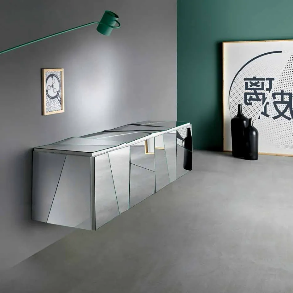 Sideboard mit Wandbehang aus mattweißem Holz und verspiegelten Gläsern - Senese Viadurini