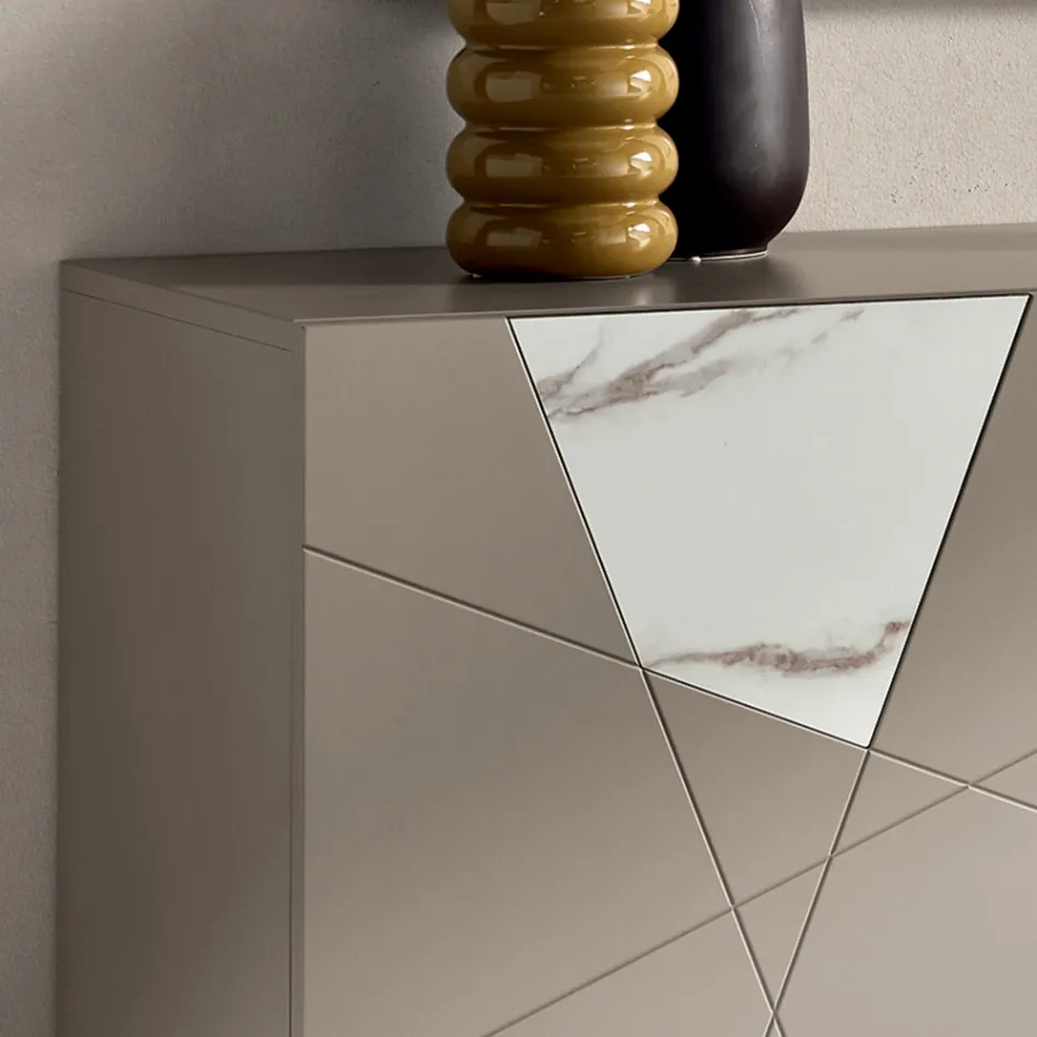 Sideboard mit 2 Türen aus lackiertem MDF mit Pantograph und Glaseinsätzen in Marmoroptik - Danila Viadurini