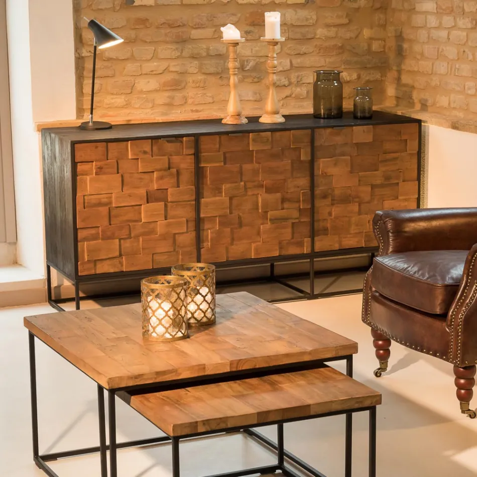 Sideboard mit 3 Türen aus recyceltem Patchwork-Holz und Metallstruktur - Slide Viadurini