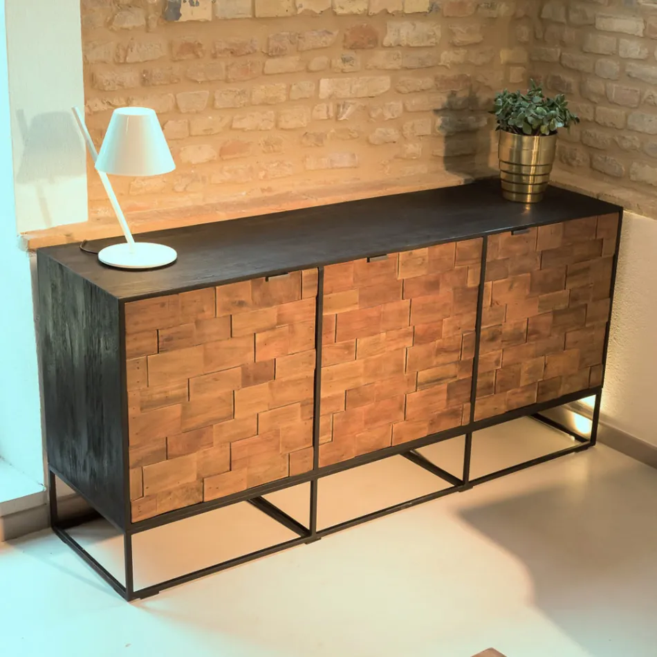 Sideboard mit 3 Türen aus recyceltem Patchwork-Holz und Metallstruktur - Slide Viadurini