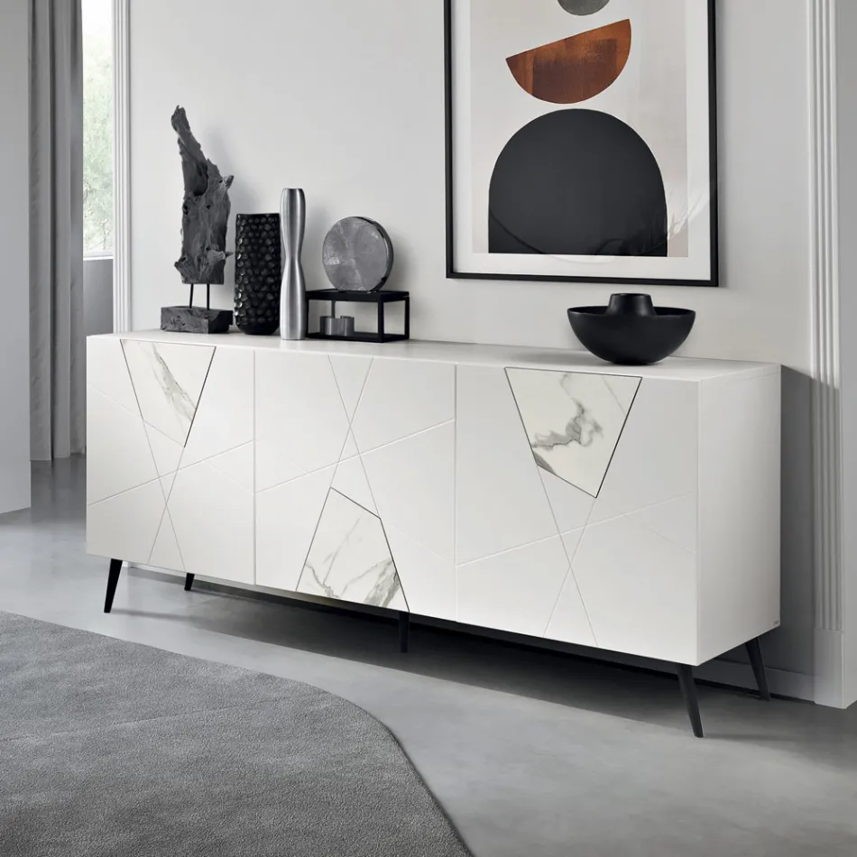 Sideboard mit 3 Türen aus lackiertem MDF mit Pantograph und Glaseinsätzen in Marmoroptik - Danila Viadurini