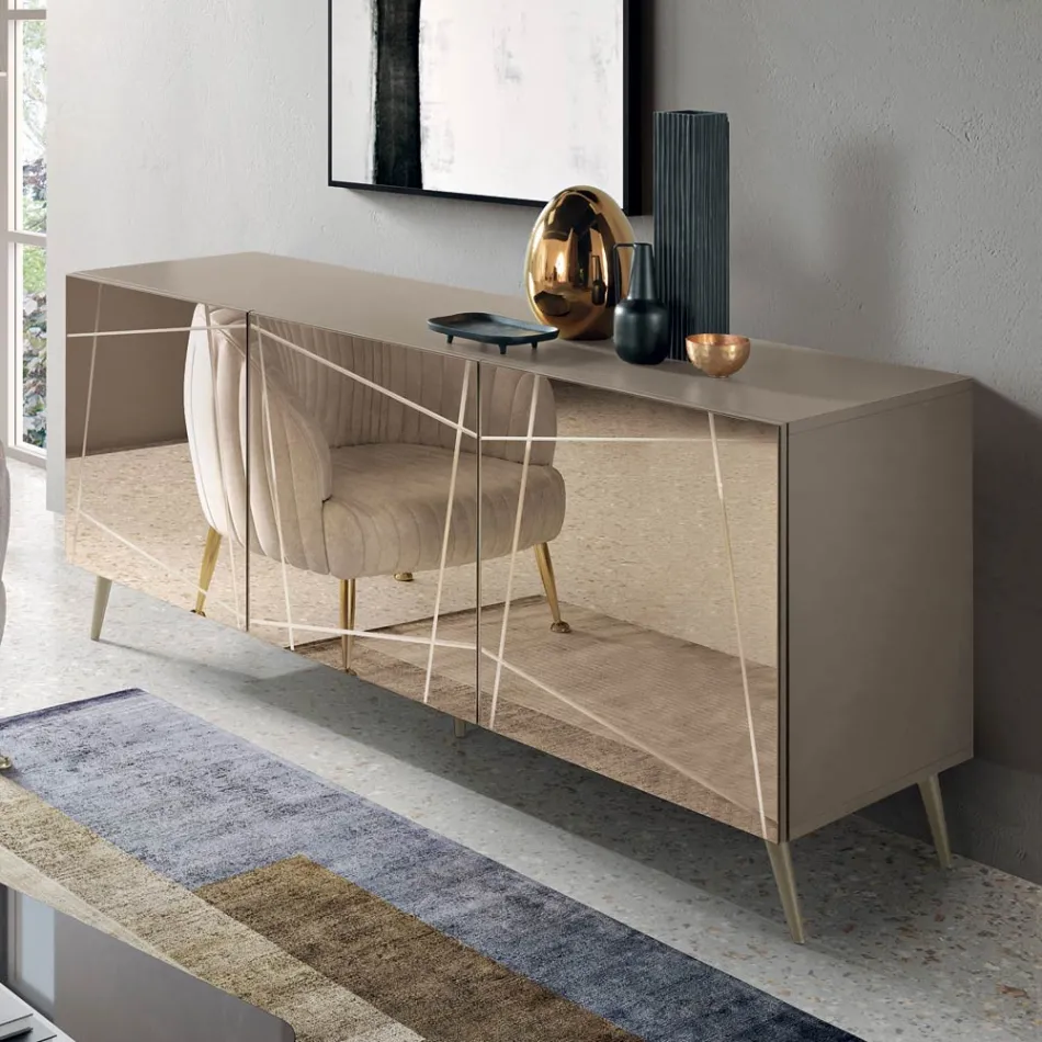 Sideboard mit 3 Spiegelglastüren und Metallgestell - Eleonora Viadurini