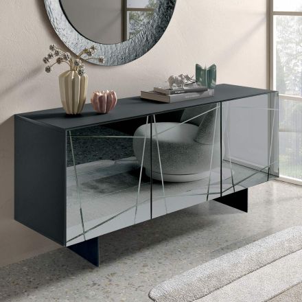 Sideboard mit 3 Spiegelglastüren und Metallgestell - Eleonora Viadurini