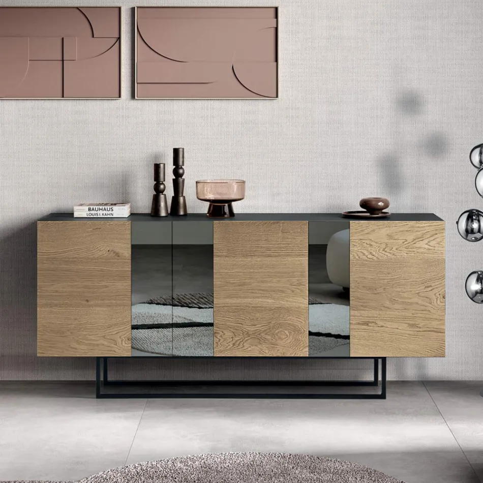 Sideboard mit 3 Eichenfurniertüren und Spiegeleinsätzen - Enrica Viadurini