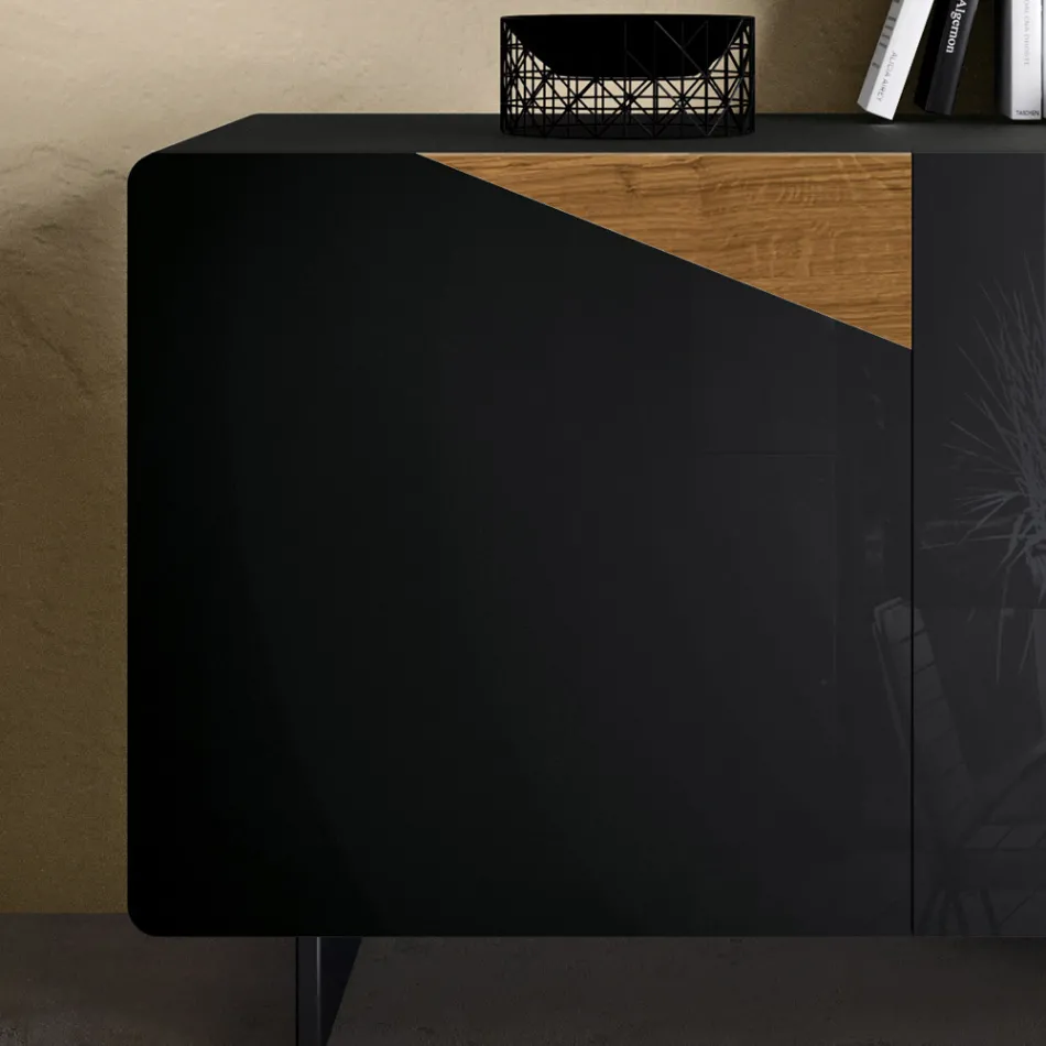 Wohnzimmer-Sideboard mit 2 Türen in der Ausführung Country Knotted Oak und Anthrazitglas – Ove Viadurini