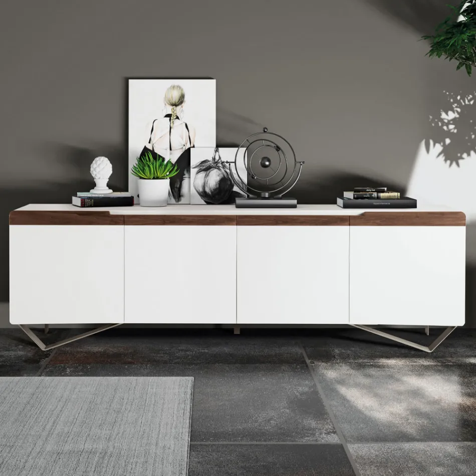 Wohnzimmer-Sideboard mit 4 Türen in Weiß und Canaletto-Finish, hergestellt in Italien – Any Viadurini