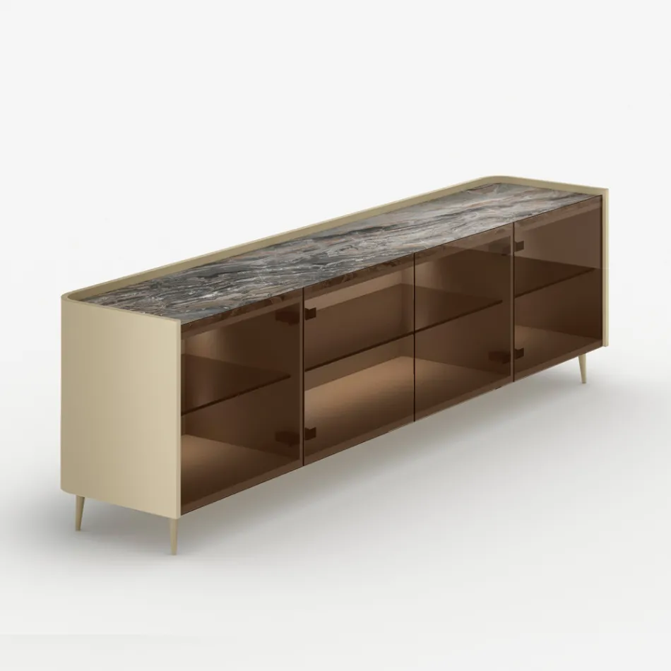 Gebogenes Sideboard aus lackiertem Holz mit bronzefarbenen Glastüren, hergestellt in Italien – Lyra Viadurini