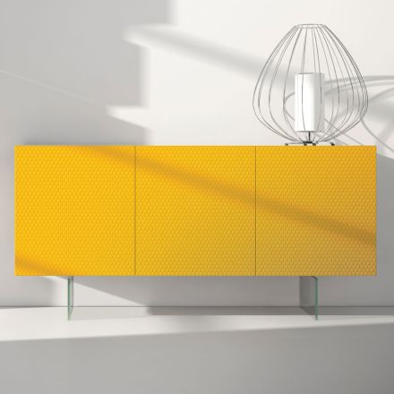 Gelb lackiertes MDF-Sideboard mit 3 Türen und Glasfüßen Made in Italy - Ciara Viadurini