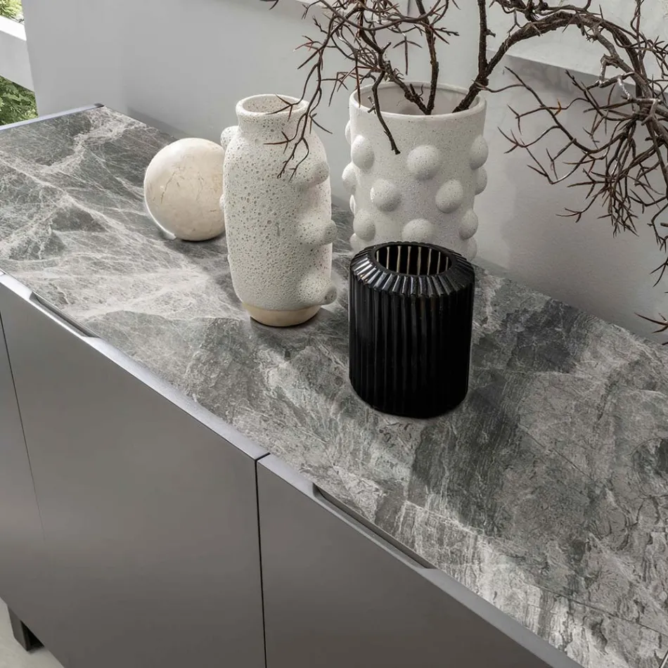 Sideboard aus MDF, Tischplatte aus Keramik in grauer Marmoroptik mit 3 Push-Pull-Click-Türen Viadurini